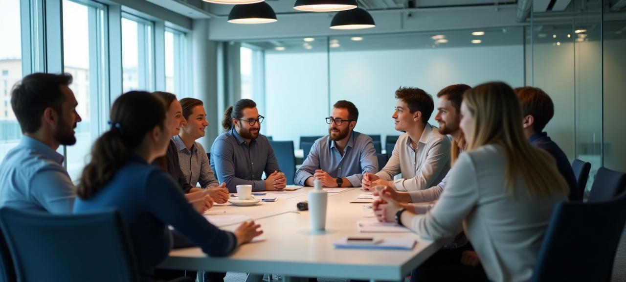 Équipe de collaborateurs en réunion dans un bureau moderne à Lyon